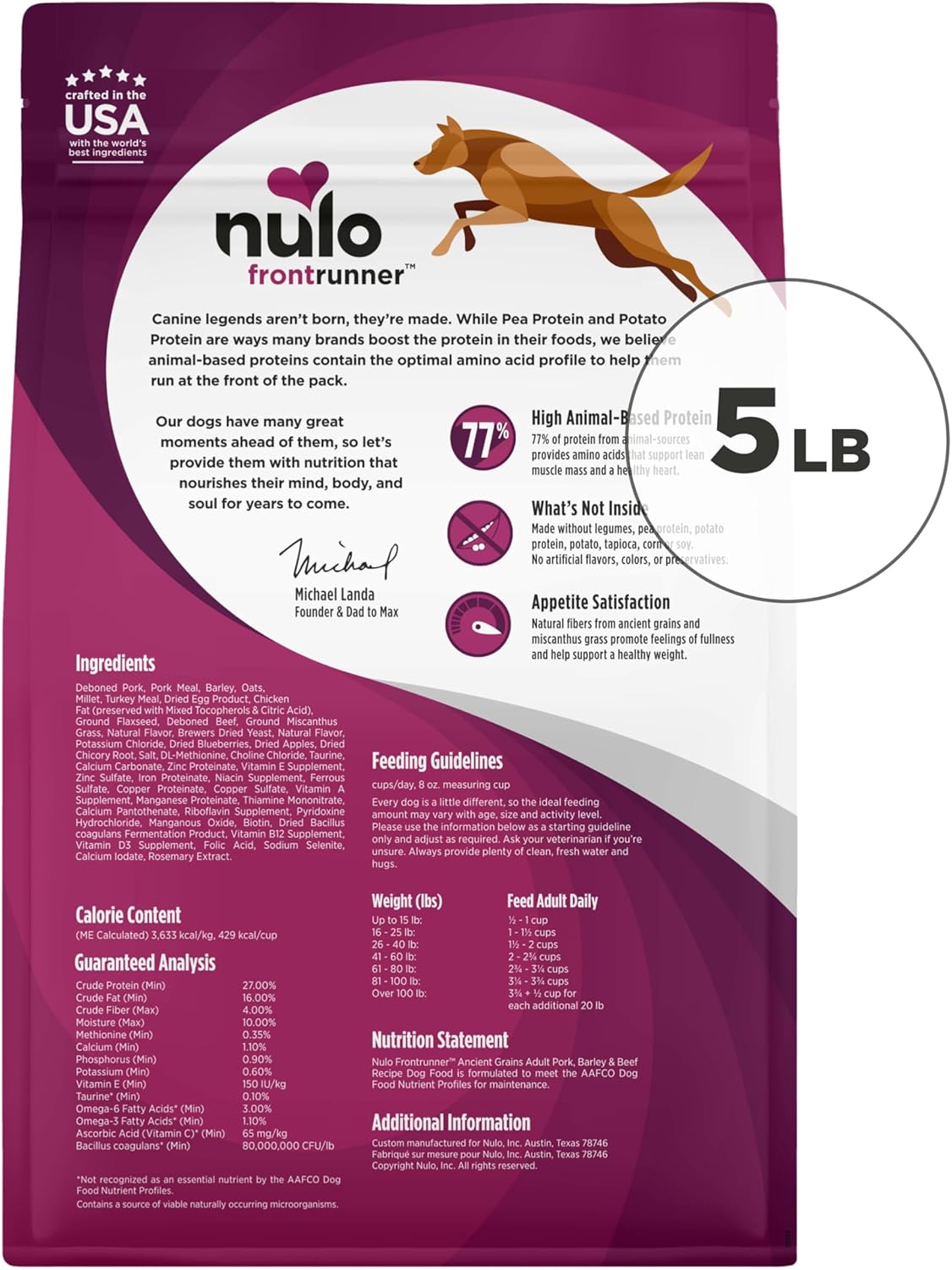 Nulo Frontrunner Ancient Grains High-Protein Dog Food, Pork, Barley, & Beef Recipe- Natural Dry Dog Food with Probiotics, Grain-Inclusive Kibble for Adult Dogs, 5 lb Bag