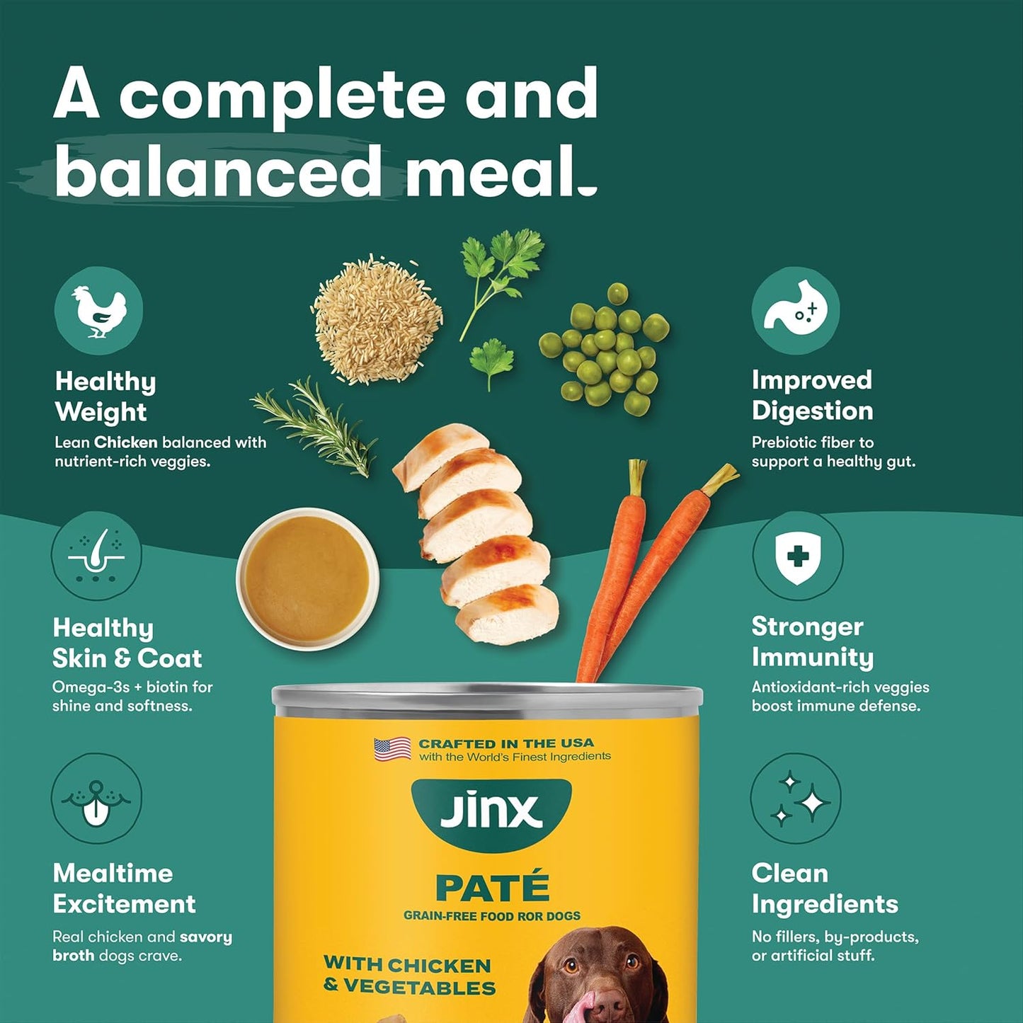 Jinx Premium Wet Dog Food Cans - Chicken & Vegetables Pate - Grain-Free Canned Dog Food Pate & Topper with Real Ingredients & No Fillers - All Life Stages, Breeds & Sizes - 12-Pack, 13 Oz