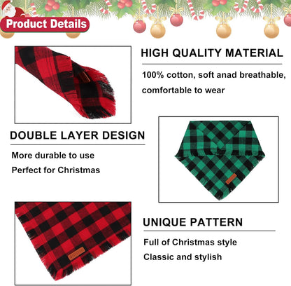 ADOGGYGO Christmas Dog Bandanas with Tassels, Classic Plaid Xmas Scarf Bib, Premium Cotton Fabric, Red Green Plaid Christmas Bandanas for Extra Large Dogs (X-Large)