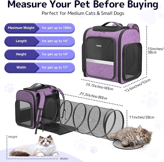 Pawtners Cat Backpack Carrier, Large Space Dog Backpack with Breathable Mesh, Expandable Pet Carrier Backpack for Small Medium Kitten Puppy Up to 18 Lbs, Suitable for Travel Hiking Camping Shopping