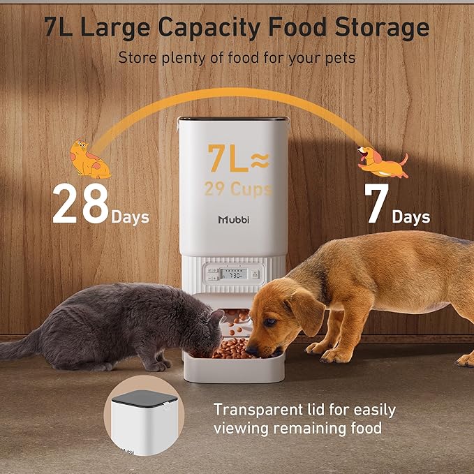 Automatic Cat Feeder, 7L/29 Cups Automatic Dog Feeder with Desiccant Bag, 1-6 Meals Ideal for 2-15mm Dry Food, Suitble for Multiple Pets, Dual Power Supply, Detachable Washable, White
