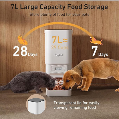 Automatic Cat Feeder, 7L/29 Cups Automatic Dog Feeder with Desiccant Bag, 1-6 Meals Ideal for 2-15mm Dry Food, Suitble for Multiple Pets, Dual Power Supply, Detachable Washable, White