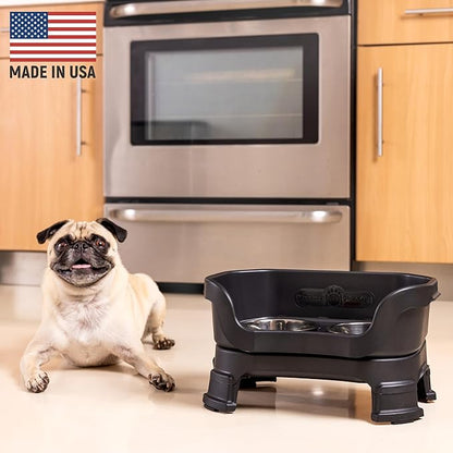 Neater Feeder Deluxe Mess Proof Dog Bowls Elevated for Small Breeds – Made in USA – No Spill Raised Dog Food Bowl Stand w/Leg Extensions – Stainless Steel Dog Food and Water Bowl Set – Black