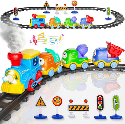 Funwee Steam Track Train Set for Toddlers, Magnetic Connection Train Toys w/Lights & Sounds, Electric Cartoon Choo Choo Train, Toy Train Christmas Birthday Gift for Toddlers 2 3 4 5+ Boy Girl (Blue)