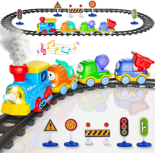 Funwee Steam Track Train Set for Toddlers, Magnetic Connection Train Toys w/Lights & Sounds, Electric Cartoon Choo Choo Train, Toy Train Christmas Birthday Gift for Toddlers 2 3 4 5+ Boy Girl (Blue)