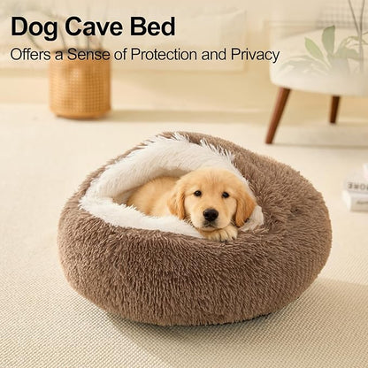 Calming Dog Beds & Cat Cave Bed with Hooded Cover,Removable Washable Round Beds for Small Medium Pets,Anti-Slip Faux Fur Fluffy Coved Bed for Improved Sleep,Fits up to 15/25 lbs(Khaki,M)