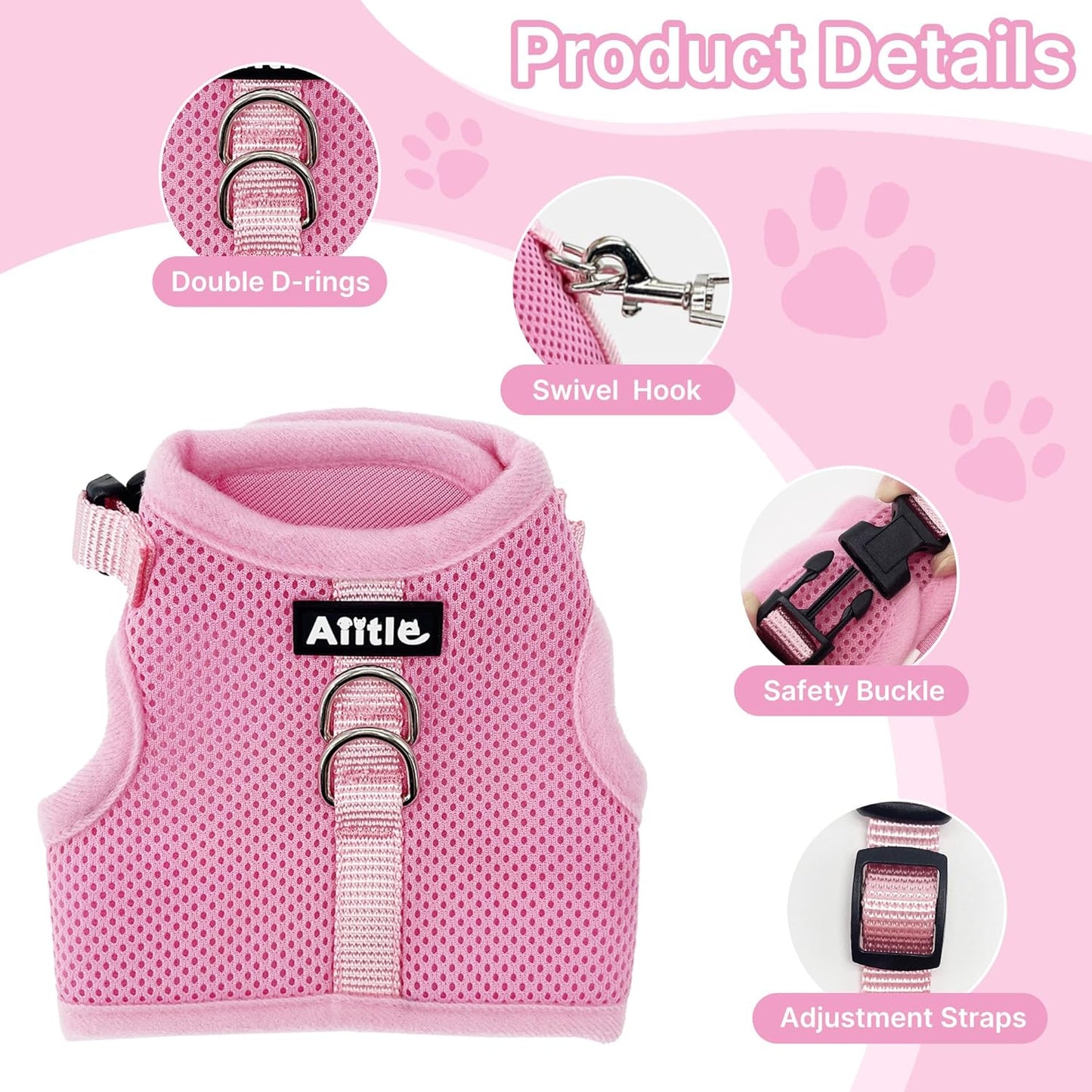 AIITLE Adjustable Rabbit and Leash Set - Lightweight & Portable, Padded Vest with Magic Tape Design, Indoor/Outdoor Use (Training, Hiking) - Fits Hamsters, Rats, Iguanas, Puppies, Cats, Pink M