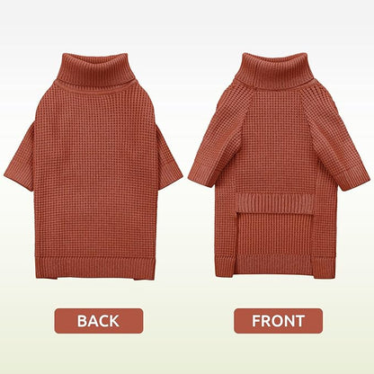 Queenmore Small Dog Sweater, Long Sleeve KnitSweater with Check Pattern, Warm Plaid Doggie Sweaters for Small Medium Dogs, Solid Pull-on Cat Knitwear, Saddle Brown S