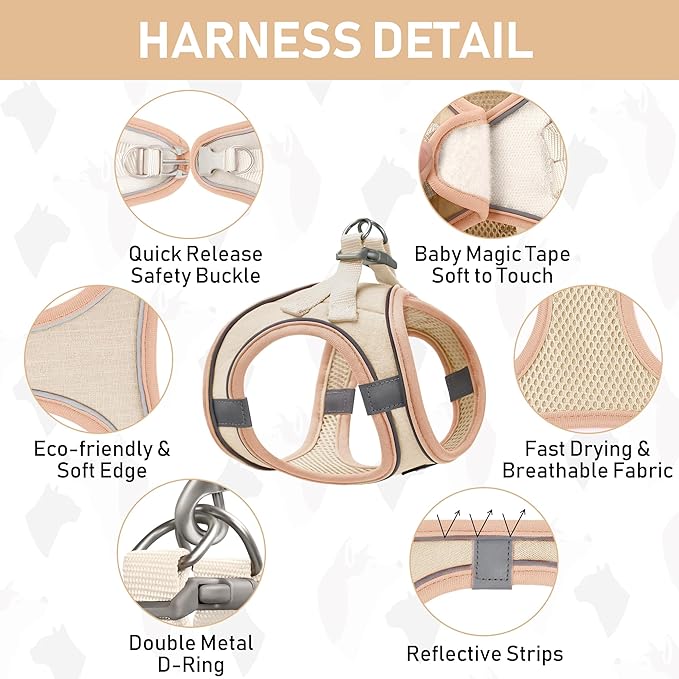 GAMUDA Small Pet Harness Collar and Leash Set, Step in No Chock No Pull Linen Fabric Soft Mesh Dog Vest Harnesses Reflective for Dogs Puppy Cats Kitten Rabbit (Khaki, S)