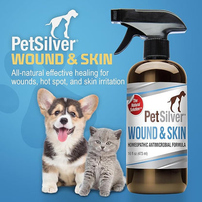 PetSilver Wound & Skin Spray - Dog Wound Spray, Hot Spot, Allergy Relief for Dogs, Itch Spray for Cats - Natural Skin Soother - Chelated Silver, Superior to Colloidal Silver - Made in USA - 16 fl oz