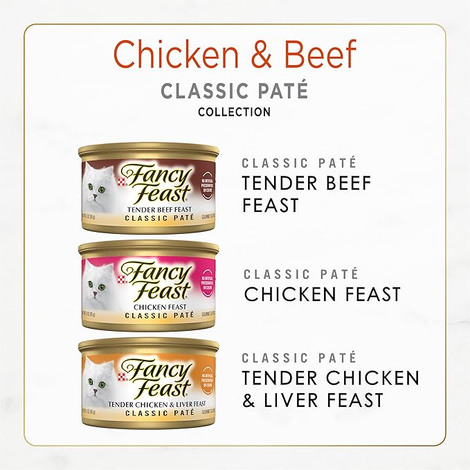 Purina Fancy Feast Chicken and Beef Classic Pate Collection Grain Free Wet Cat Food Variety Pack - (Pack of 24) 3 Oz. Pull-Top Cans