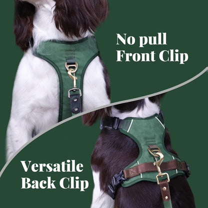 No Pull Dog Harness Medium Sized Dog,Stylish PU Leather Vest with Easy Control Handle,No Choke Front Clip with 2 Metal Leash Clips,Reflective & Adjustable for Walking,Green,Chest 22-29"