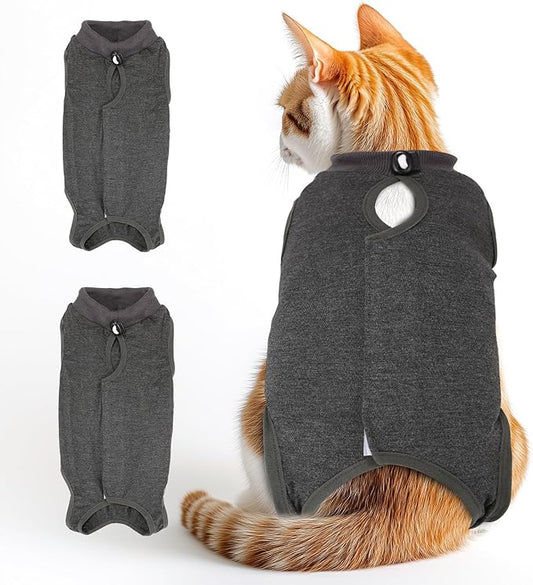 2 PCS Cat Recovery Suit for Spay Abdominal Wounds Female, Cat Onesie for Cats After Surgery, Pet Surgery Recovery Suit Kitten Onesie for Cats Anti Licking (Grey (2PCS), Medium)