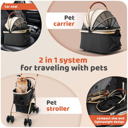 Pet Stroller for Small Medium Dogs & Cats – 2-in-1 Detachable Carrier, Zipperless Entry, Lightweight Folding Travel Stroller with Storage Basket, Cup Holder, Black&Beige