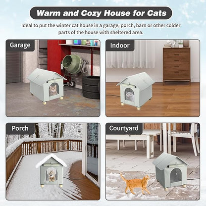 BWOGUE Large Elevated Heated Cat House for Outdoor Cats in Winter, Waterproof & Insulated Feral Cat Shelter for Outside Cats,Weatherproof Feral Cat House for Outside(Large Grey)