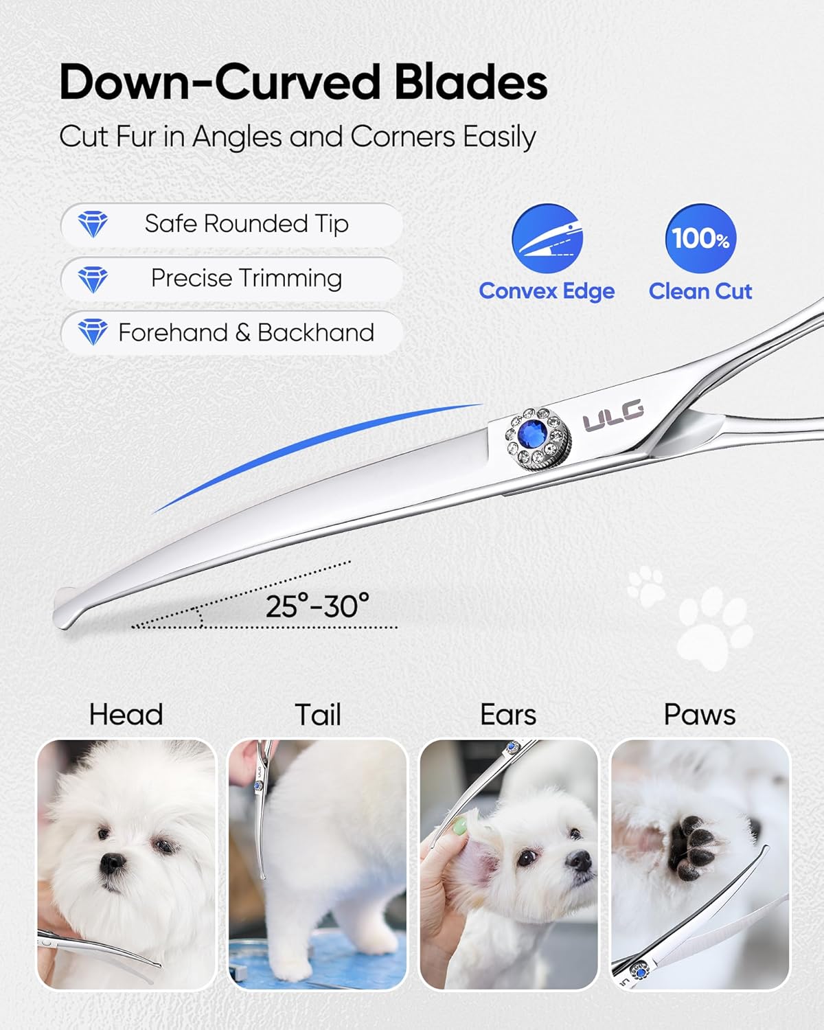 ULG 7.5" Curved, Compact Dog Grooming Scissors - Professional Pet Shears, Silver Stainless Steel