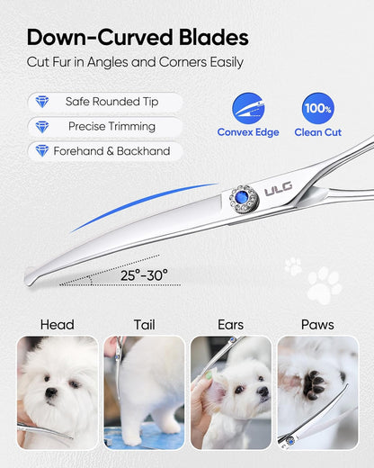 ULG 7.5" Curved, Compact Dog Grooming Scissors - Professional Pet Shears, Silver Stainless Steel