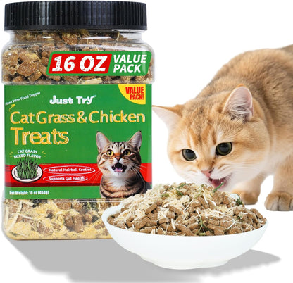 Just Try 16 OZ Cat Grass Jerky Treats for Indoor Cats Natural Chicken Healthy Cat Snacks Training Biscuits Hairball Control & Digestive Aid for Cats