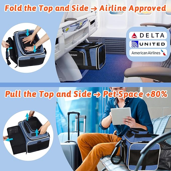 Petskd Top and Side Expandable Pet Carrier 18x11x11 Inches Delta United Airline Approved, Soft-Sided Carrier for Small Cats and Dogs with Locking Safety Zippers and Anti-Scratch Mesh(Blue)