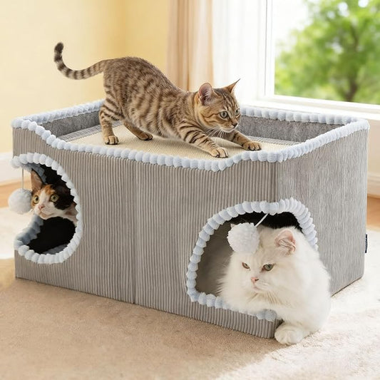 Bedsure Cute Cat Scratcher House for Indoor Cats - Extra Wide Cat Scratch House with Large Removable Top Sisal Pad for Multi Cats, Foldable Cave Hideaway for Entertainment, 23.6x15.9x12.6inches, Grey