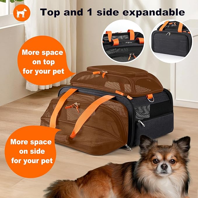 18x13.5x9 TSA Approved top and 1 Side Expandable pet Carrier for Small Dog Puppy cat up to 8 lbs Weight, for Spirit Southwest Airlines with Double Zipper Locks and 2 Pockets.