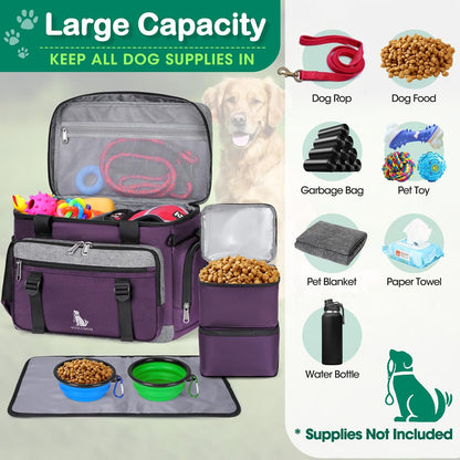 IGOLUMON Dog Travel Bag Large Pet Travel Bags Set for Supplies Weekend Travel Kit Tote Organizer Multi-Pockets Dog Food Travel Bag with 2 Large Food Containers, 2 Dog Bowls, 1 Feeding Mat, Purple