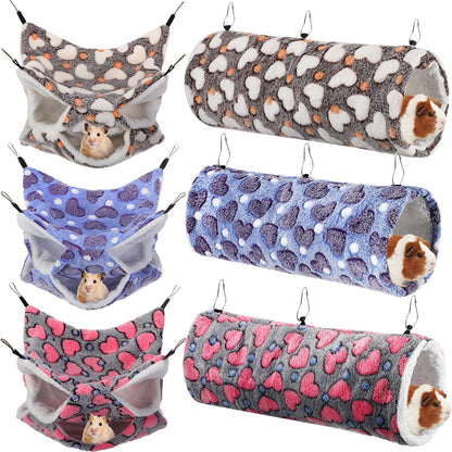 Sweetude 6 Pcs Rat Hammock Set Ferret Hanging Tunnel 3 Tier Guinea Pig Hammocks Hideout Soft Chinchilla Bed for Cage Accessories Hide,Play and Sleep(Cute,Heart)