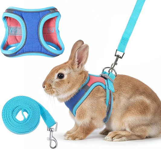 Adjustable Bunny Harness and Leash Set, Double Buckles Breathable Mesh Rabbit Vest with Reflective Strips, Escape Proof Small Pet Walking Training Gear for Rabbits, Kittens, Ferrets, Guinea Pigs (M)