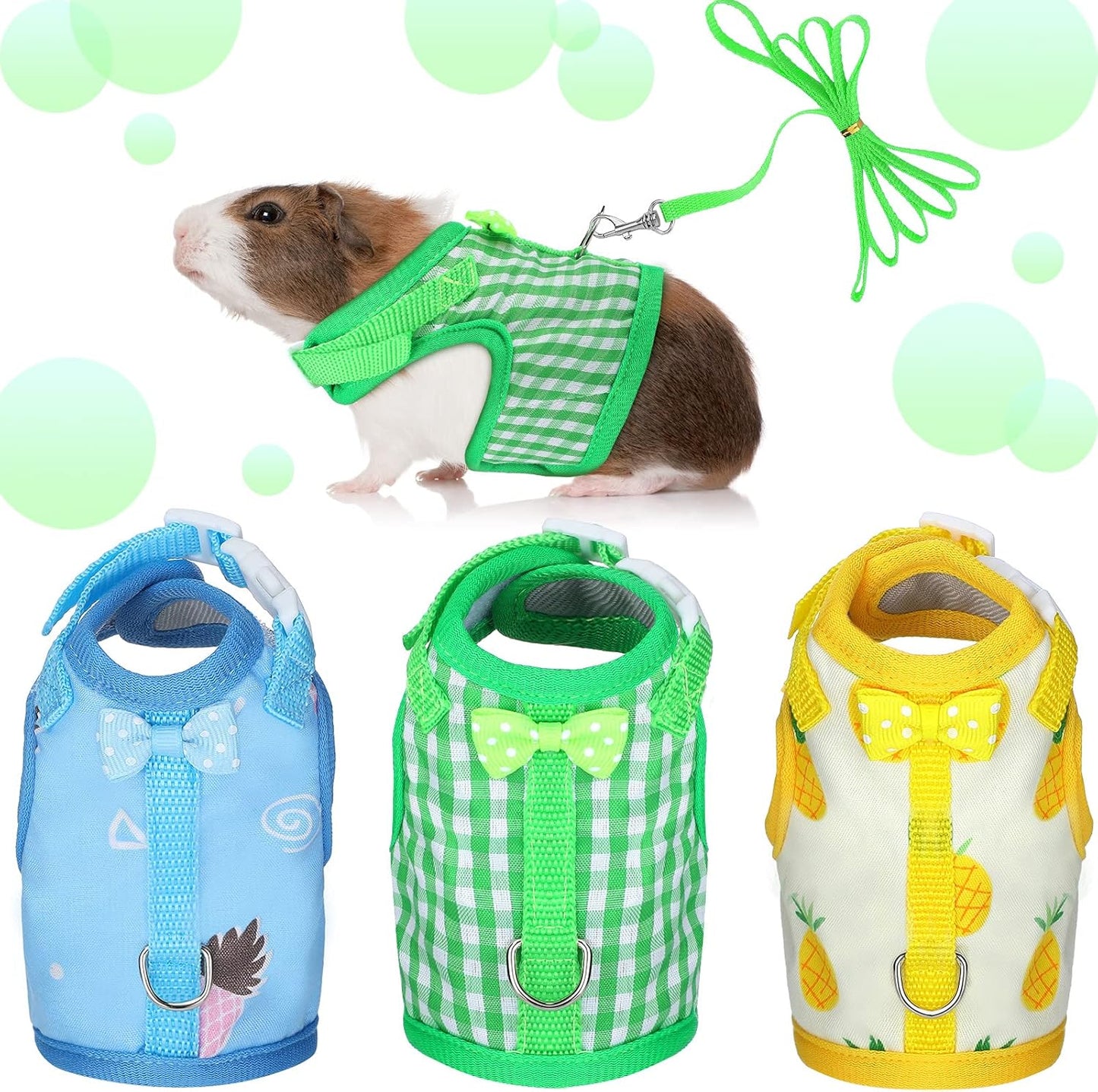 Weewooday 3 Pieces Guinea Pig Harness with Leash Small Pet Harness Fruit Plaid Pattern Adjustable Padded Walking Vest for Pet Hamster Squirrel Animals(Pineapple, Blue, Green Plaid,Medium)