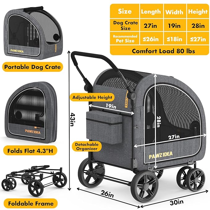 PAWZIDEA Large Dog Stroller with Detachable Carrier, Portable Dog Crate for Car Travel, Multiple Pet Strollers for Medium Dogs up to 80lbs, Adjustable Handle, All-Terrain 9” Wheels, Storage Organizer