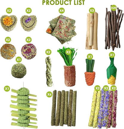 53pcs Rabbit Chew,Rabbit Enrichment Toys from Various Natural Ingredients Such as Apple Wood, Carrots, and Timothy Grass, Suitable for Small Pets Such as Hamsters Totor Guinea Pigs