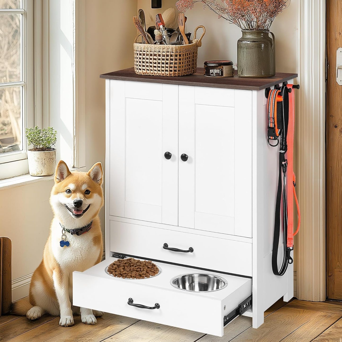 ZMAD Dog Feeding Station with Storage Cabinet and Double Door Locker with 2 Adjustable Dog Bowls, Hidden Pet Feeder Station Wood, Cat Food Storage Cabinet