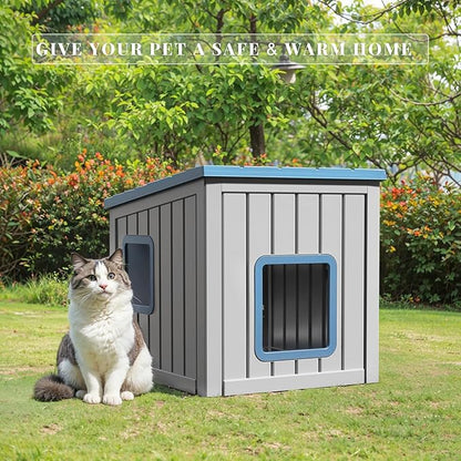 DRATO Outdoor Cat House,Waterproof PP Material Cat Houses for Feral Cats,Robust and Easy to Assemble,Feral Cat Shelter for Winter,Suitable for Cats, Rabbits and Other Small Animals (Blue, Small)