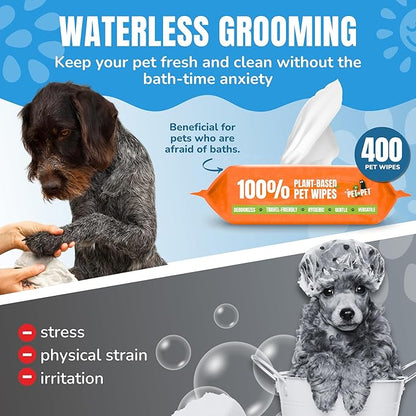 PET N PET 100% Plant Based Dog Wipes for Paws and Butt, 400 Counts Hypoallergenic Unscented Dog Pet Wipes, 8" x 8"