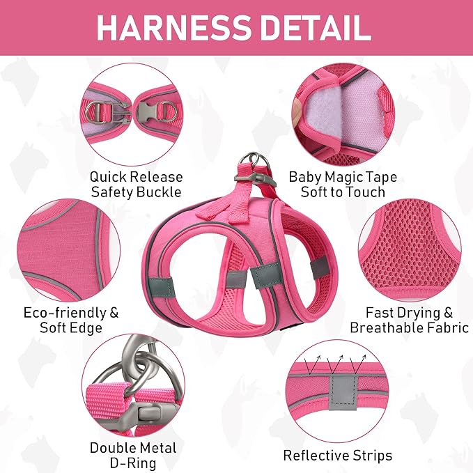 GAMUDA Small Pet Harness Collar and Leash Set, Step in No Chock No Pull Linen Fabric Soft Mesh Dog Vest Harnesses Reflective for Dogs Puppy Cats Kitten Rabbit (Pink, S)