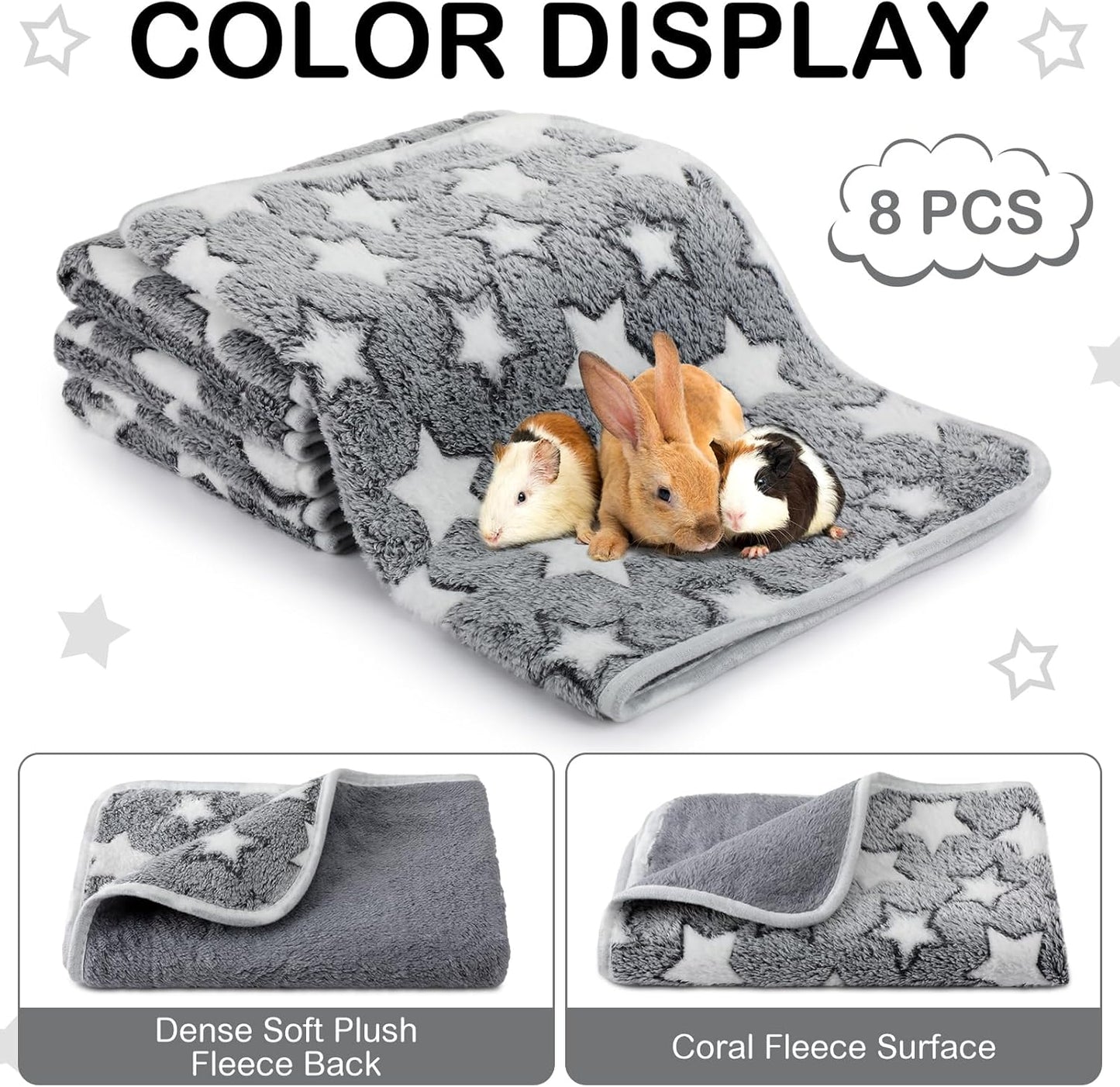 Tudomro 8 Pcs Guinea Pig Blankets Absorbent Washable Animal Fleece Bedding Cage Liners Waterproof Reusable Pet Pee Sleep Mat Pad Cover for Chinchilla Hamster Ferret(Grey Star,16 x 24 Inch)