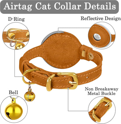OOPSDOGGY Reflective Leather AirTag Cat Collar with Bell - Non Breakaway Adjustable Pet Collar with Apple Air Tag Holder - Lightweight GPS Kitten Collars for Small Dogs Puppy (Camel)