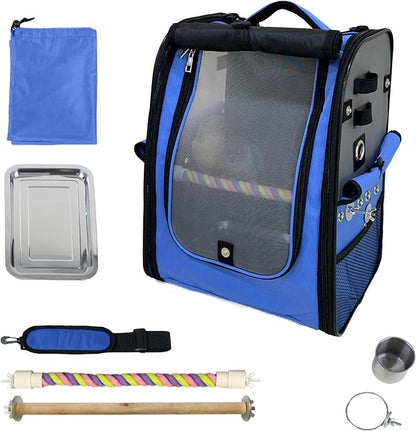 Birds Day Bird Carrier Backpack-Parrot Travel Cage with 2PCS Perch and Food Bowl, Stainless Steel Tray (Sky Blue)