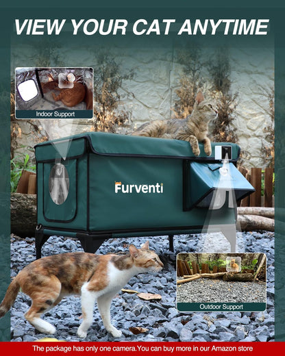 Heated Cat House for Outside,Dual Camera Mounts,100% Weatherproof & Extremely Insulated,Elevated Feral Cat Shelter with Escape Door,Waterproof Eaves for Outdoor Stray Barn Cat(Dark Green, L with Cam)