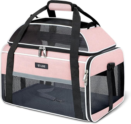 Lekereise Top-Expandable Pet Carrier - TSA Airline Approved Soft Sided Underseat Up to 12lbs Travel Carriers for Small Cats and Dogs with Locking Safety Zippers Anti-Scratch Mesh Pink