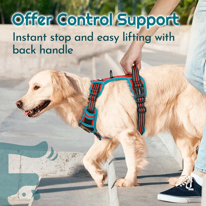Eagloo Dog Harness for Large Dogs, Easy Wearing with 3 Buckles, Adjustable No Pull Pet Harness with 2 Rings for Walking, No Chock Reflective Soft Padded Vest with Control Handle, Red & Teal, XL
