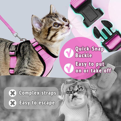 Cat Harness and Leash Set,Escape Proof Adjustable Cat Harness,Soft and Breathable Kitten Harness and Leash with Reflective Strips for Walking and Traveling (Pink, X-Small(3.3-8.9lb))