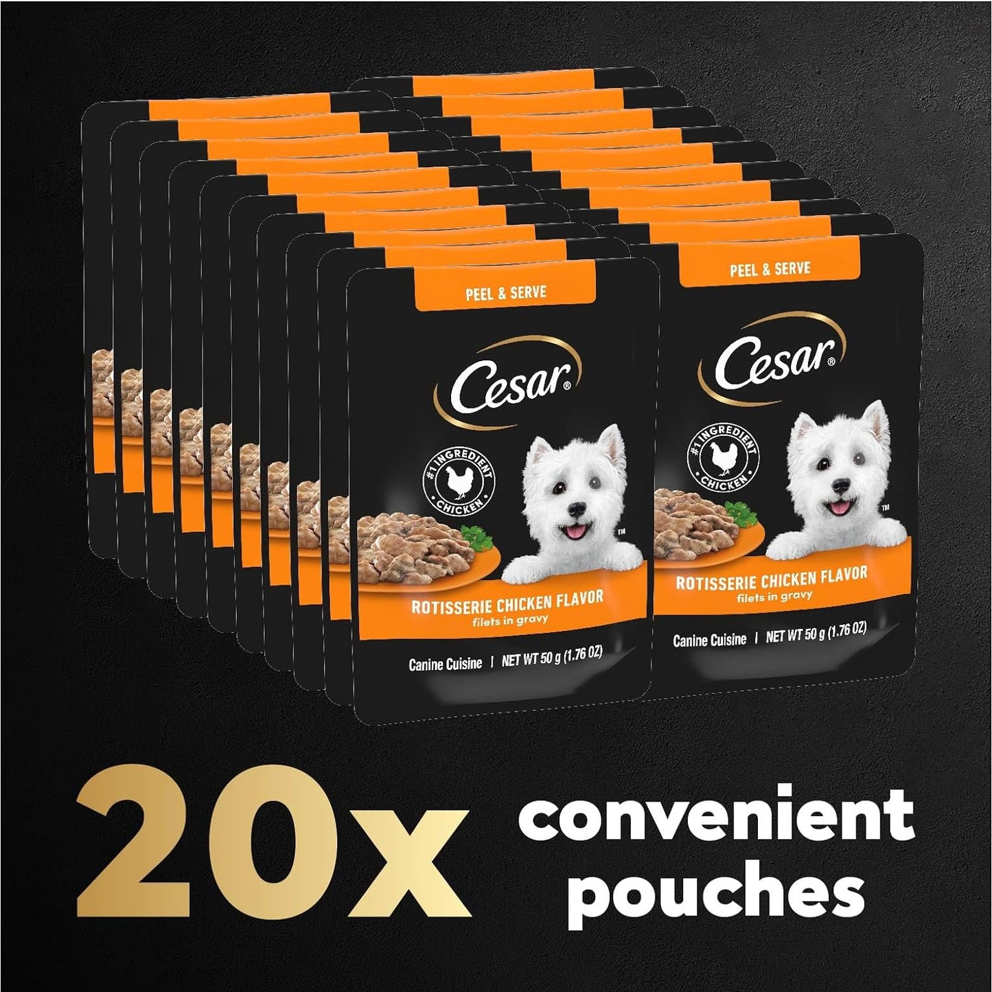 Cesar Filets in Gravy Wet Dog Food Rotisserie Chicken Flavor, 1.76 oz. Mini-Pouch (20 Count, Pack of 1)