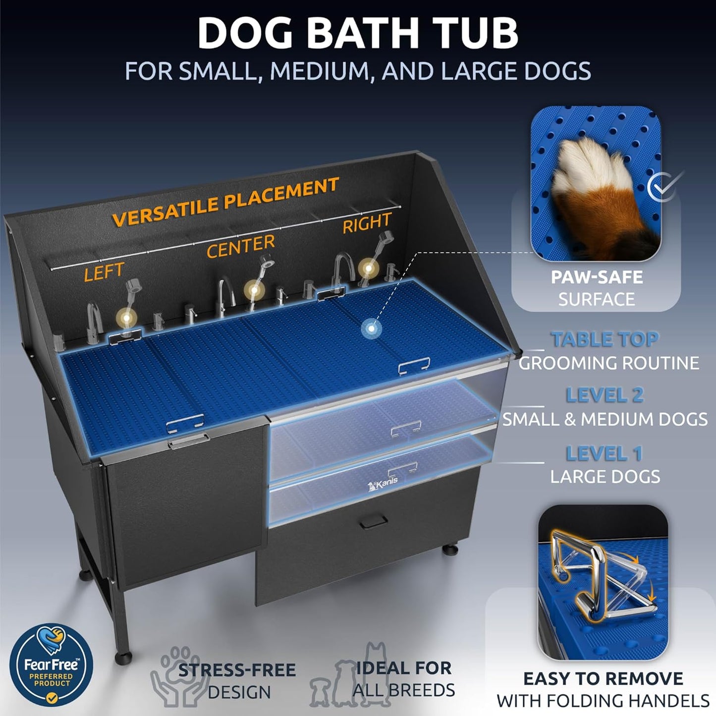 KANIS Black Line Professional Dog Washing Station - 304 Stainless Steel Pet Wash Sink & Grooming Bathtub w/Shower, Floor Grates and Storage for Large, Medium & Small Pets (61", 1 Drawer - Left Ramp)