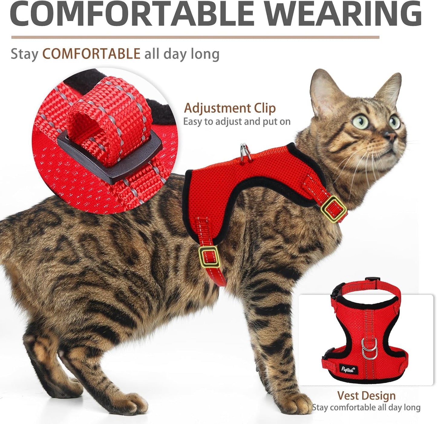 PUPTECK Cat Harness and Leash Set Escape Proof, Reflective Adjustable Soft Mesh Kitten Vest Harness for Walking Travel, Red, S