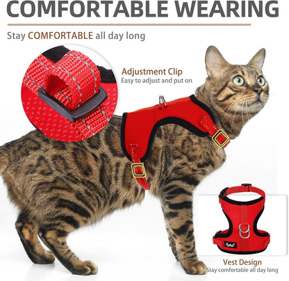 PUPTECK Cat Harness and Leash Set Escape Proof, Reflective Adjustable Soft Mesh Kitten Vest Harness for Walking Travel, Red, S