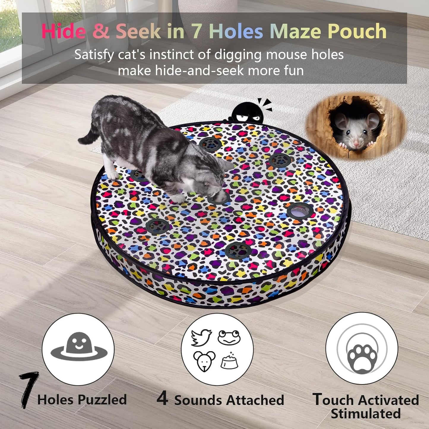 ORSDA Cat Toys, Interactive Activated Moving Ball in 7 Holes Mat, Automatic Fast Rolling Ball, Hide and Seek Toys for Indoor Cats, Exercise Kicker Mouse Catching Game