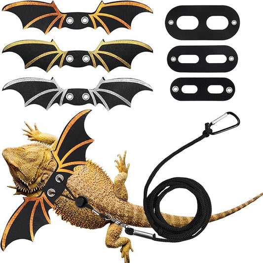 3 Pc Set Leash and Harness for Bearded Dragons - 3 Size Adjustable Cool Leather Lizard Harness with Wings for Reptile Safety Walking Accessories (Black)