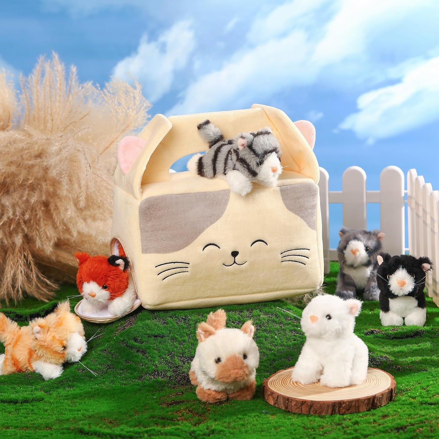 8 Pcs Cat Stuffed Animal Set Plush House with 7 Soft Stuffed Animal Plush Toy for Kids Christmas Birthday Halloween Pet Gift Party Favors Goodie Bags Stuffers