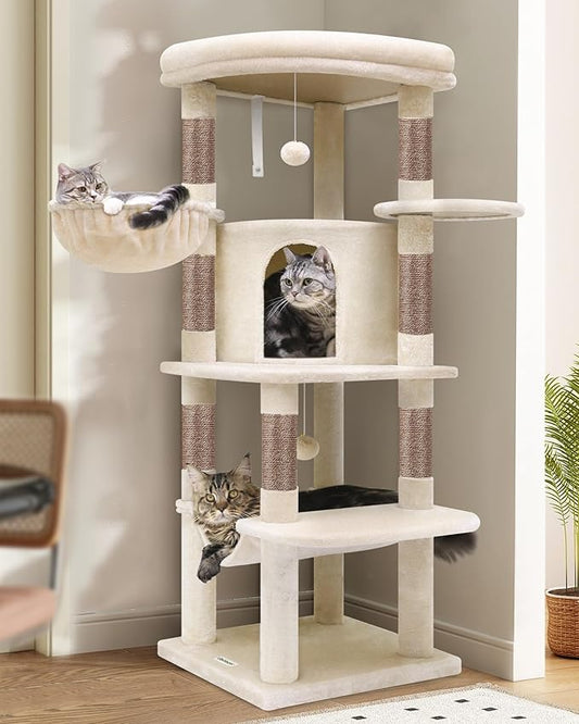 Globlazer Corner Cat Tree, 51in Curved Series Modern Cat Tower for Indoor Cats with Hammock, 7 Sisal Scratching Posts, Large Fan-Shaped Platform for Large Cats, Cat Condo & Hanging Basket, C51, Beige
